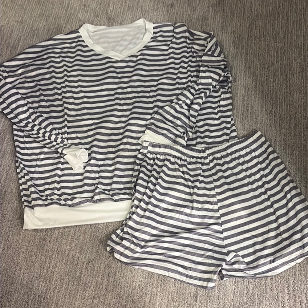 Gray and White Striped Pajama Set with Long-Sleeve Top